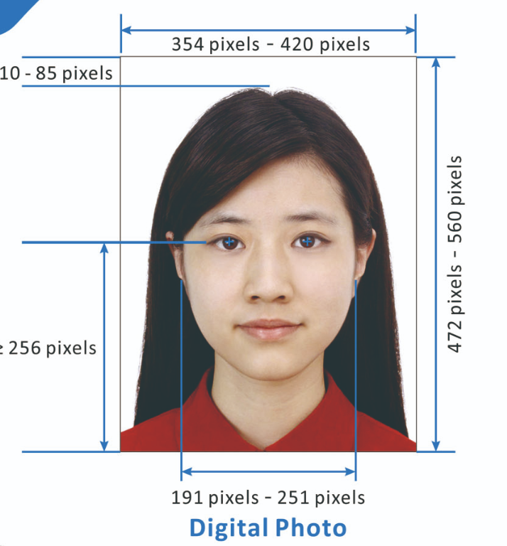 China visa digital photo pixel requirements: 354-420 pixels width, 472-560 pixels height, showing exact measurements for online visa applications